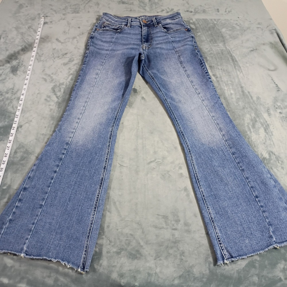 Edgely High Rise Flare Jeans Light Wash Raw Hem Seam Front Blue Denim Size 8 REG
